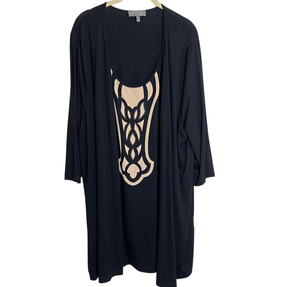 Ulla Popken Womens Tunic Top 20/22 Black Beige Geometric Studded 3/4 Sleeve